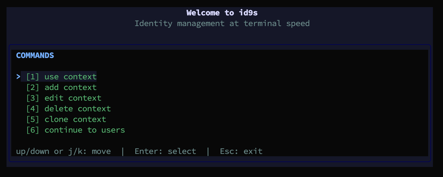 id9s welcome screen with a COMMANDS menu: use, add, edit, delete, clone context, or continue to users