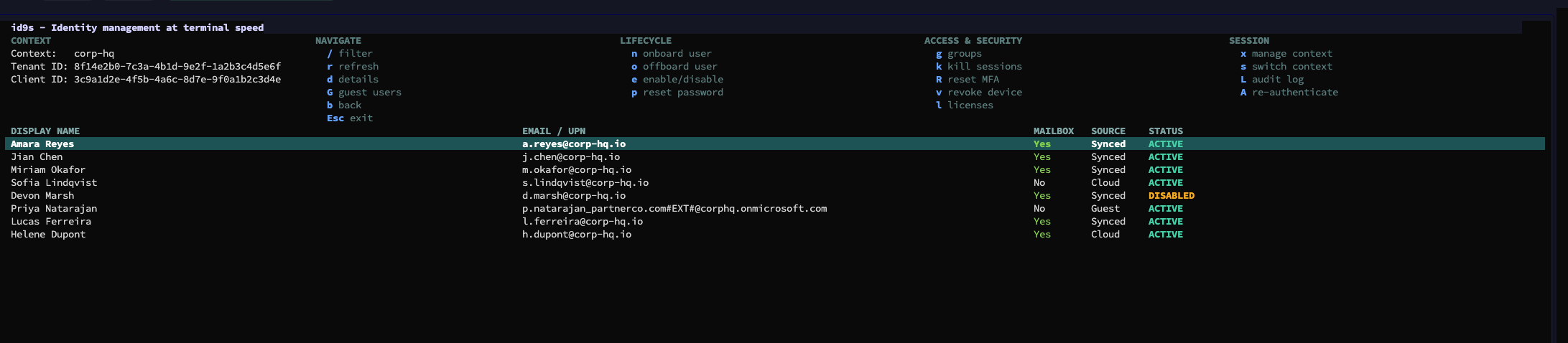 id9s :users view listing hybrid identity accounts, with per-context keyboard shortcuts grouped by purpose: navigate, lifecycle (onboard/offboard), access & security, and session