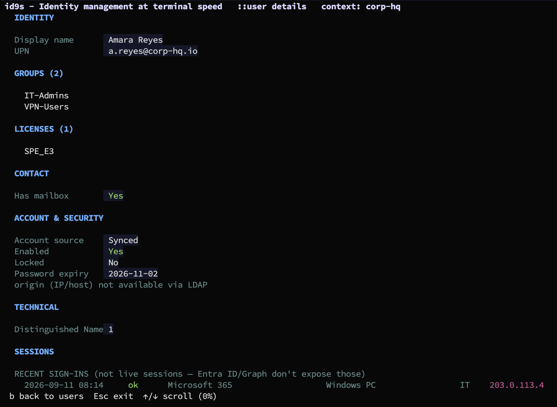 id9s user details view showing identity, groups, licenses, account security, and recent sign-ins for a selected user